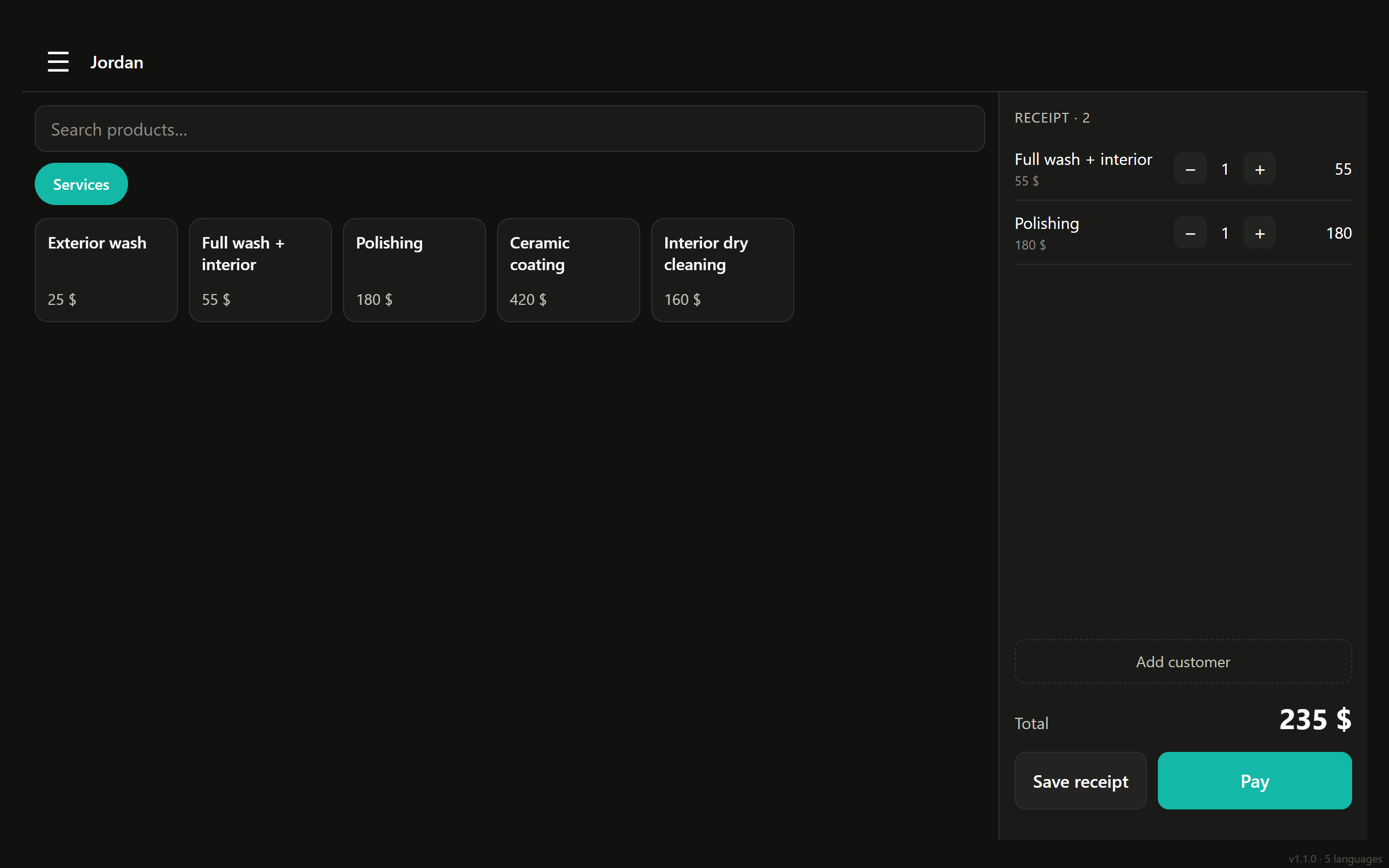 Detailing sales screen: services and receipt