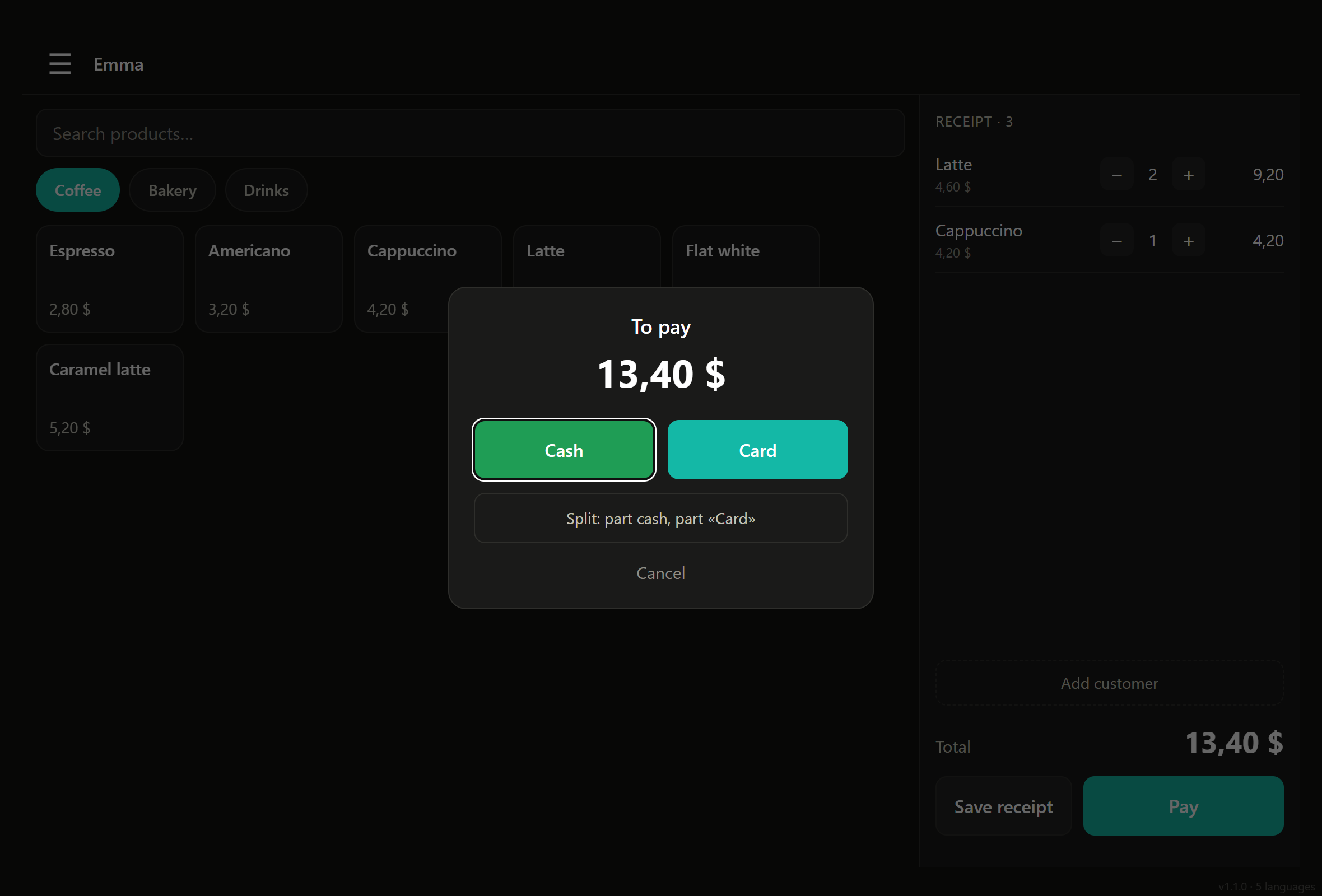 Payment screen: cash, card or split