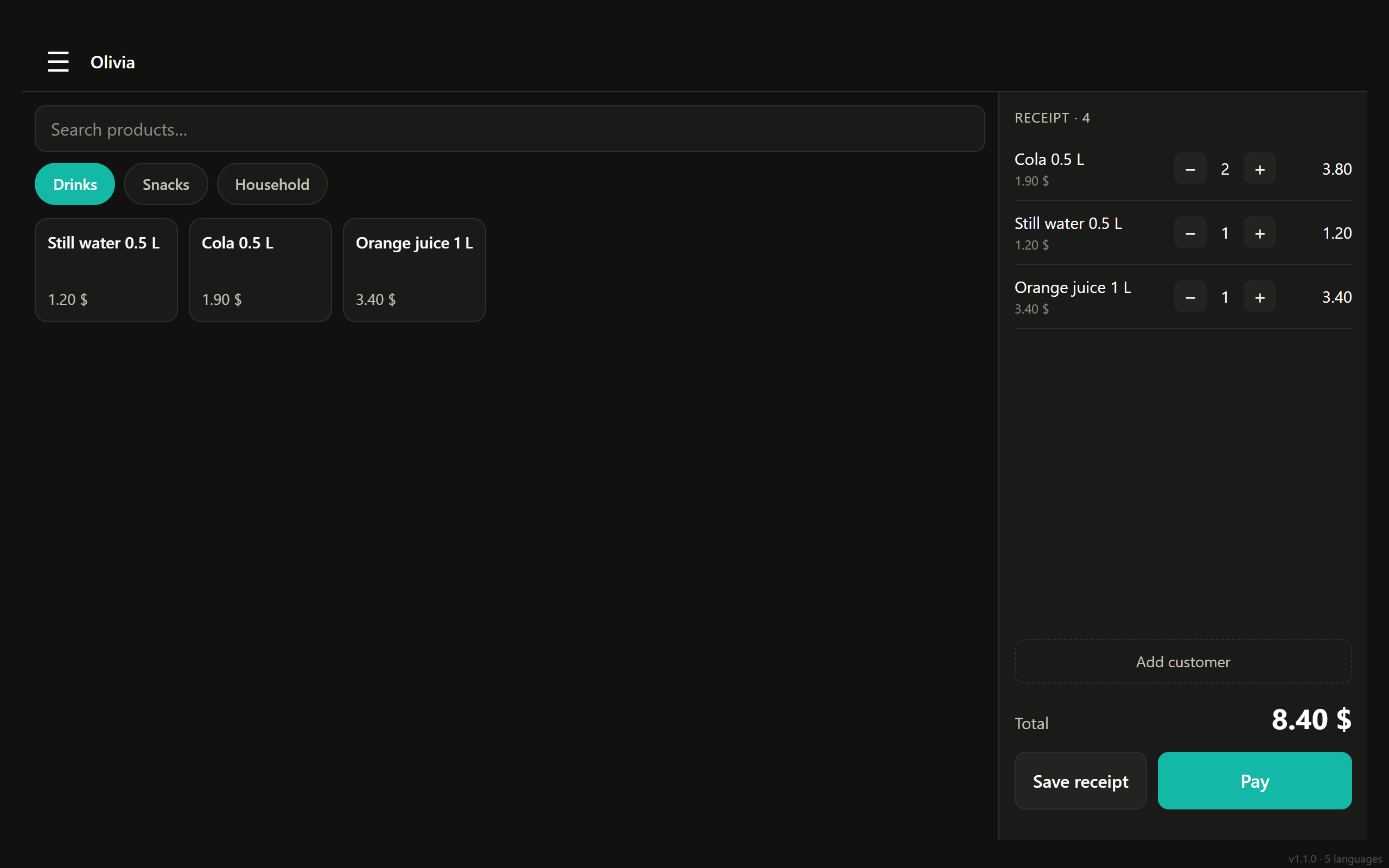 Shop sales screen: product categories and receipt