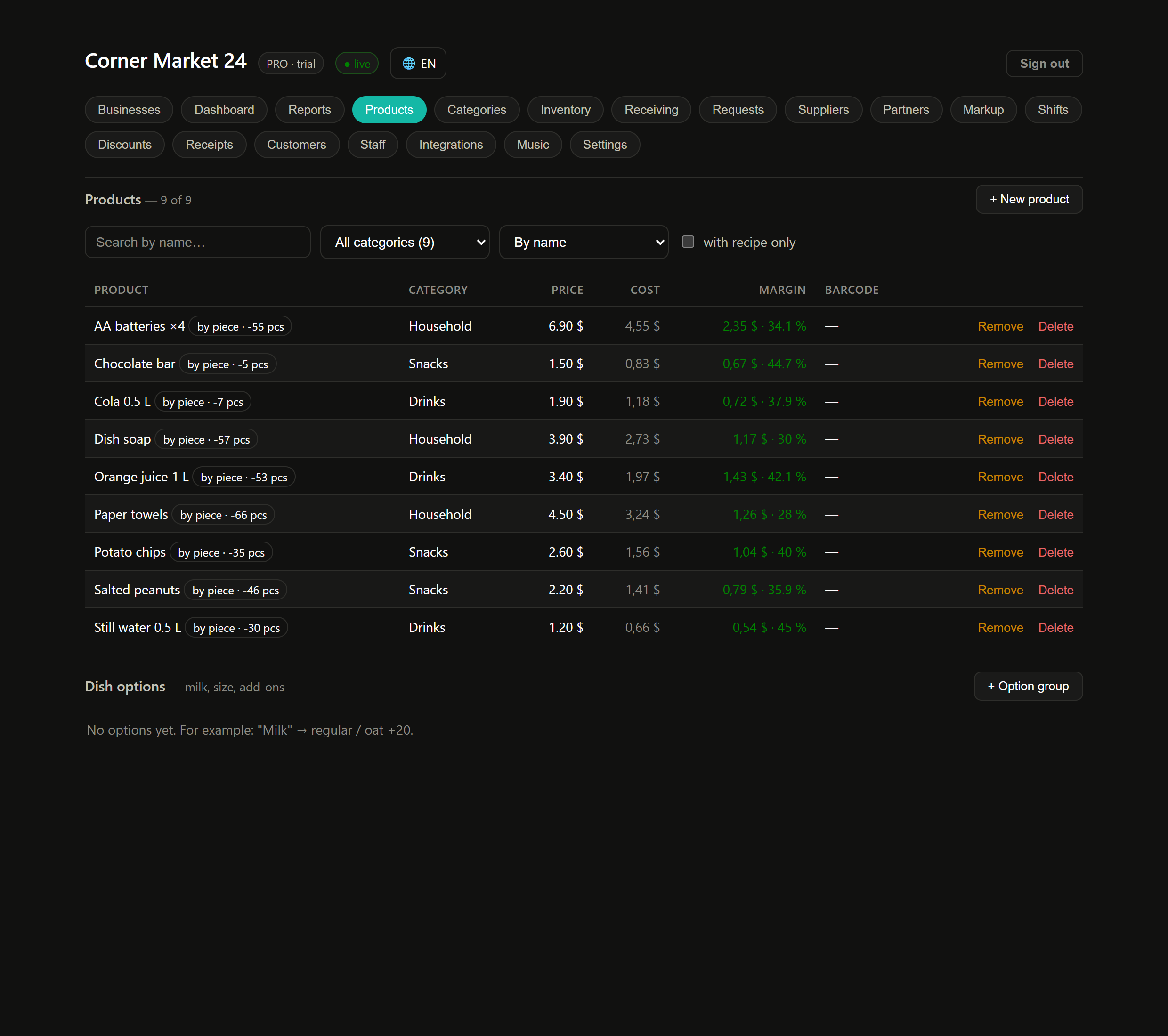 Shop products by category with price and markup